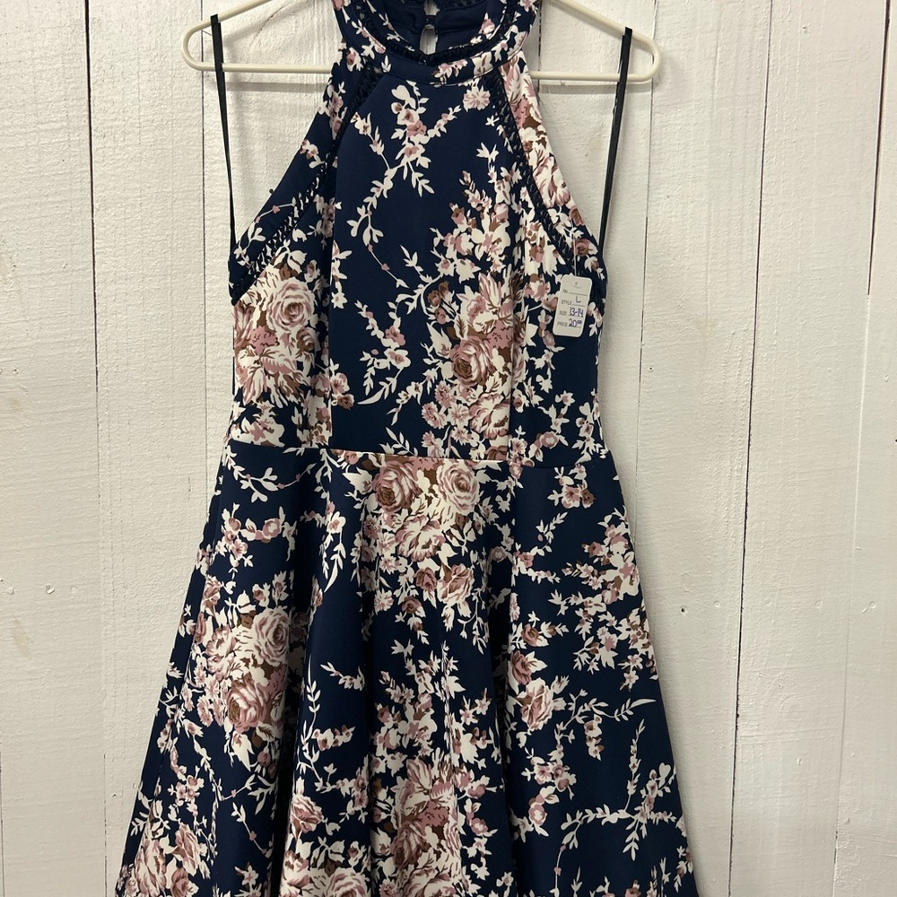 Floral Halter Neck Dress - Navy and Pink